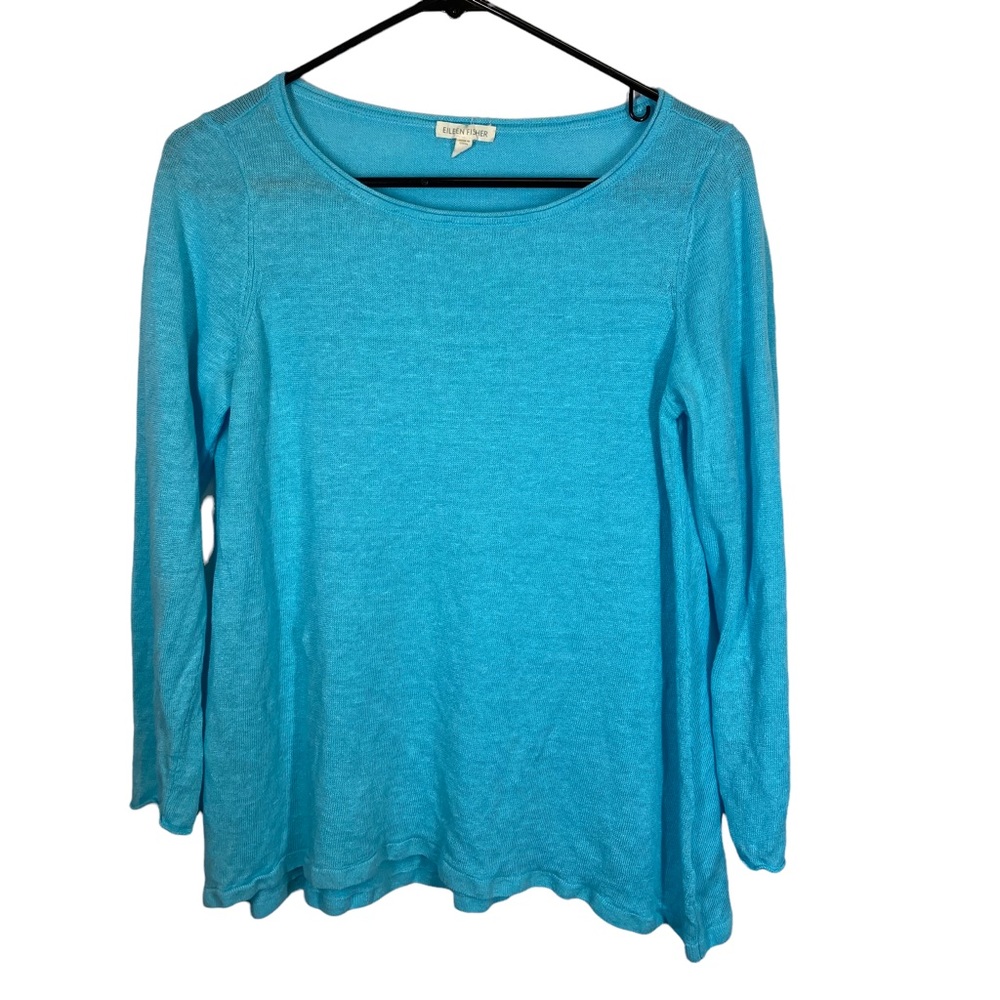Eileen Fisher Blue 100% Organic Linen Long Sleeve Knit Sweater M